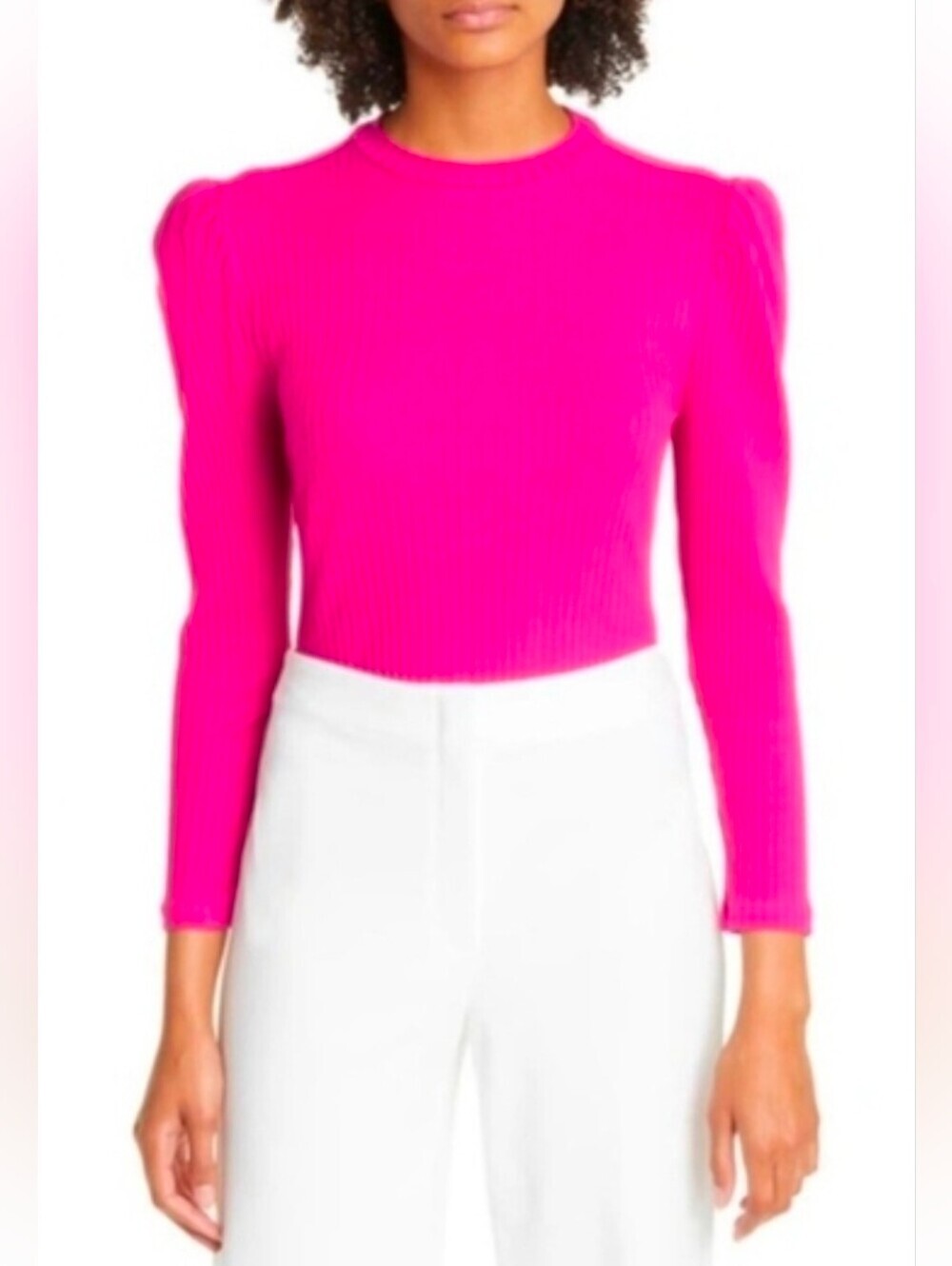 Farm Rio Pink Ribbed Stretch Thong Bodysuit Puff Sleeve Organic Cotton Small New